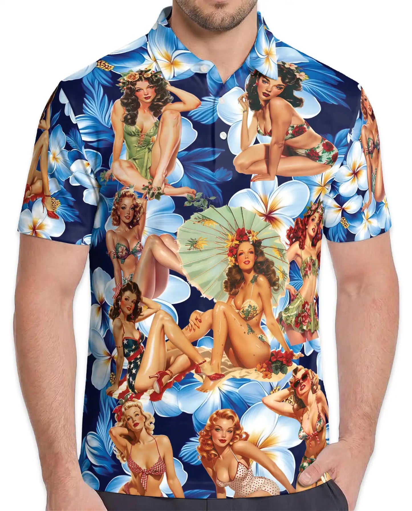 Vintage Pin-Up Girl Polo Shirt for Men - Tropical Plumeria | Netecom