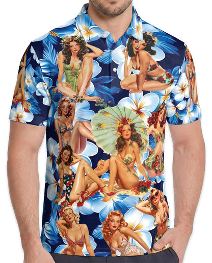 Vintage Pin-Up Girl Polo Shirt for Men - Tropical Plumeria | Netecom