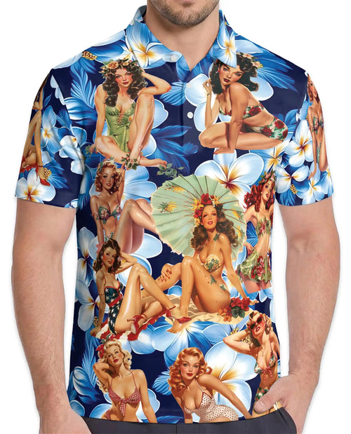 Vintage Pin-Up Girl Polo Shirt for Men - Tropical Plumeria | Netecom