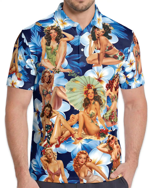 Vintage Pin-Up Girl Polo Shirt for Men - Tropical Plumeria | Netecom