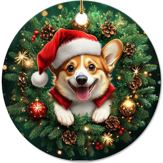 Netecom Cute Corgi Christmas Ornament, Dog Santa Hat Ceramic Ornament for Xmas Tree Hanging Decorations Gift, Puppy Lover Gifts, Home Decor, Holiday Party Present