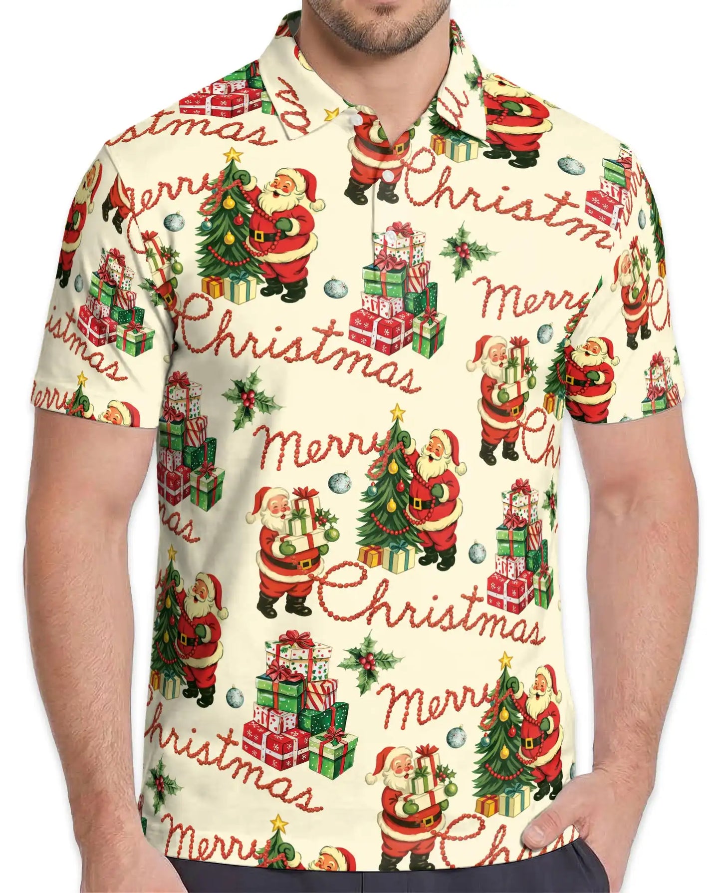 Vintage Merry Christmas 3D Polo Shirt for Men – Retro Santa Holiday Style | Netecom
