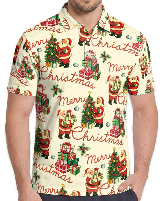 Vintage Merry Christmas 3D Polo Shirt for Men – Retro Santa Holiday Style | Netecom