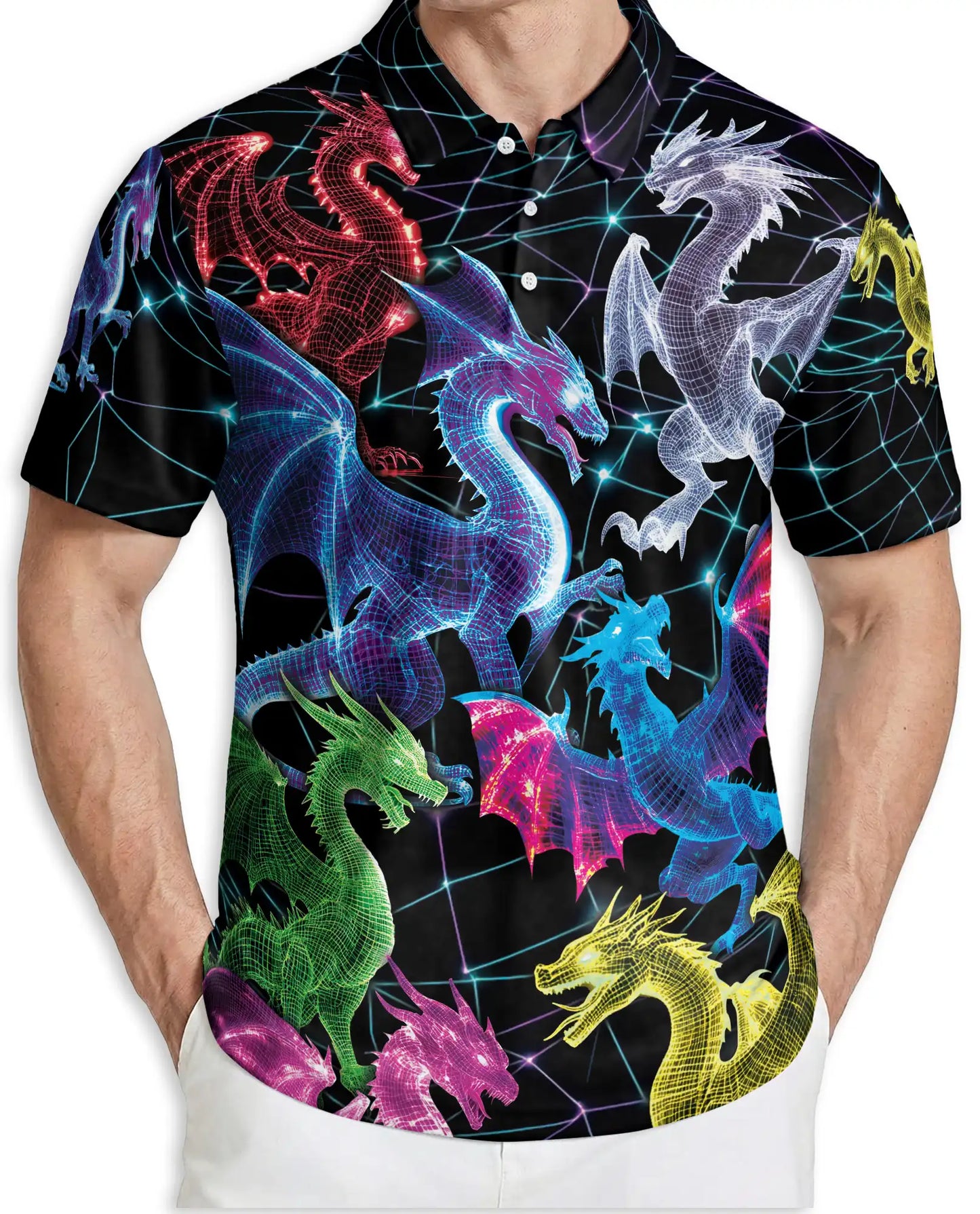 Neon Cyber Dragon 3D Polo Shirt for Men – Futuristic Fantasy Creature Style | Netecom