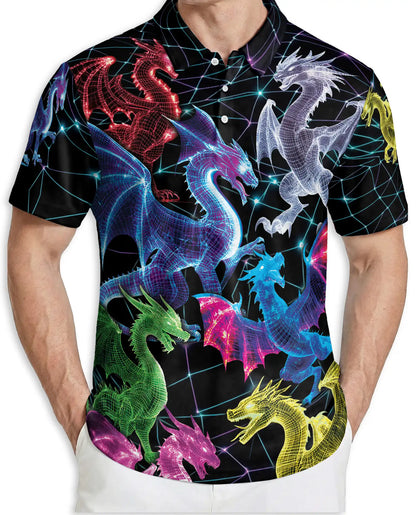 Neon Cyber Dragon 3D Polo Shirt for Men – Futuristic Fantasy Creature Style | Netecom
