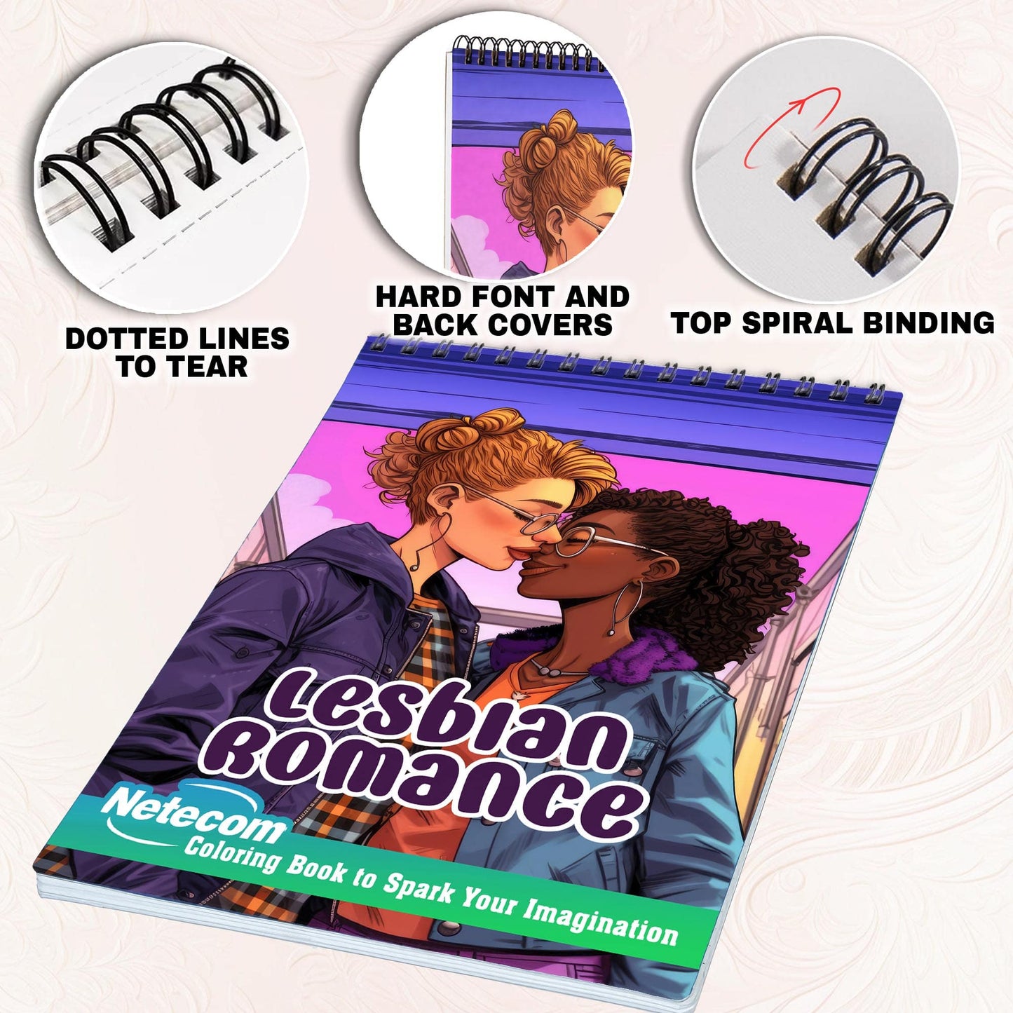 Lesbian Romance Spiral Bound Coloring Book, Unleash Your Creativity with 30 Charming Pages Filled with Heartfelt Moments of Lesbian Romance.