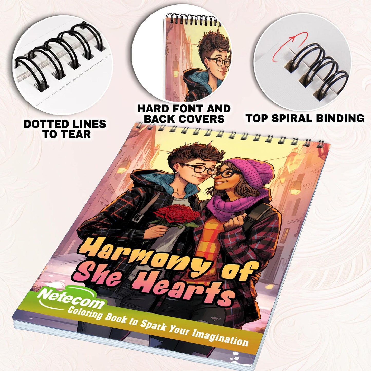 Harmony of She Hearts Spiral Bound Coloring Book, Experience the Charms of 30 Captivating Coloring Pages, Where Lesbian Couples Share Their Heartwarming Stories on Every Page.