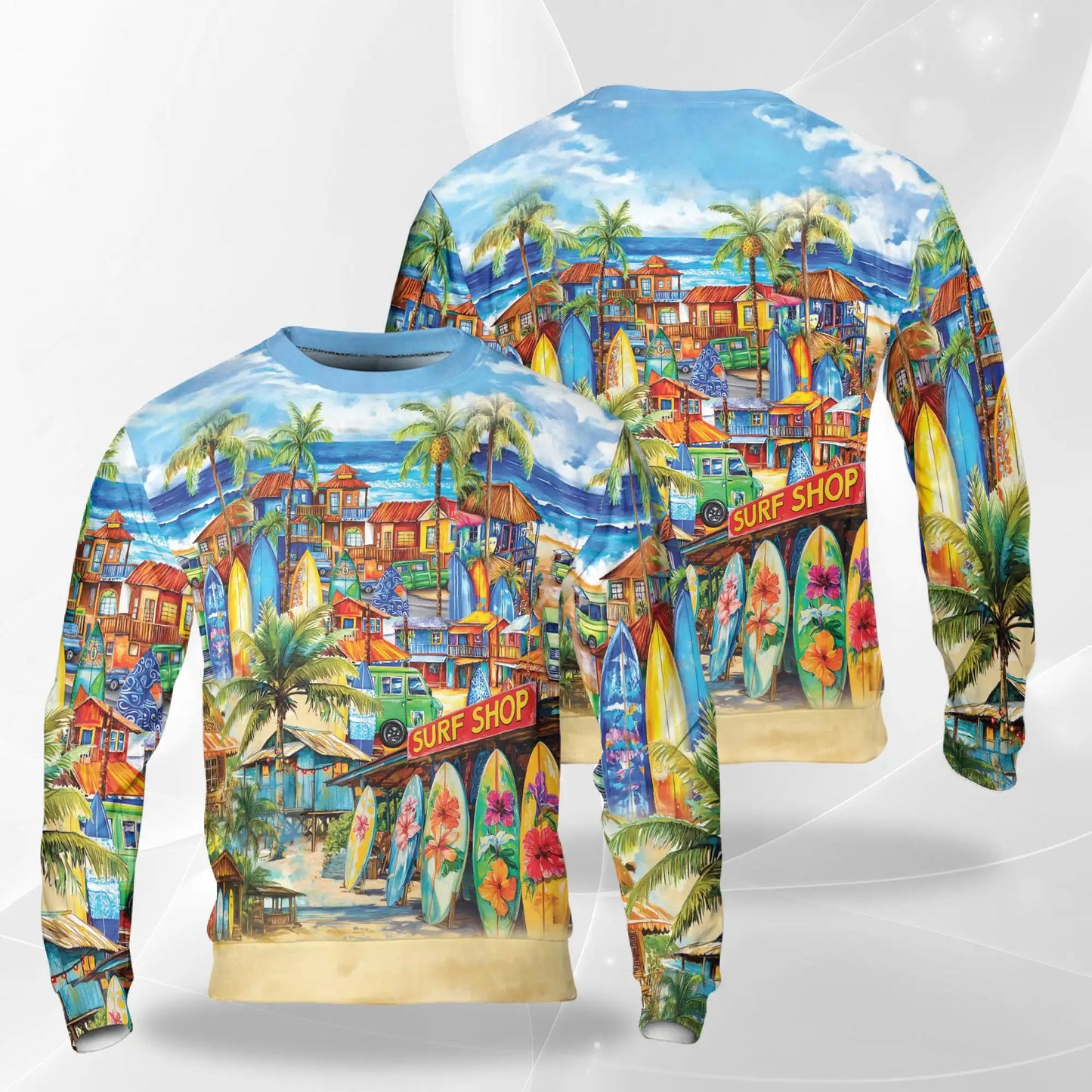 Vintage Surf Shop Beach Scene Pattern Sweatshirt, 3D All Over Print Retro Ocean Crewneck Pullover for Men Women, Surf Lover Gift - Netecom