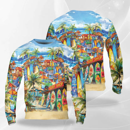 Vintage Surf Shop Beach Scene Pattern Sweatshirt, 3D All Over Print Retro Ocean Crewneck Pullover for Men Women, Surf Lover Gift - Netecom