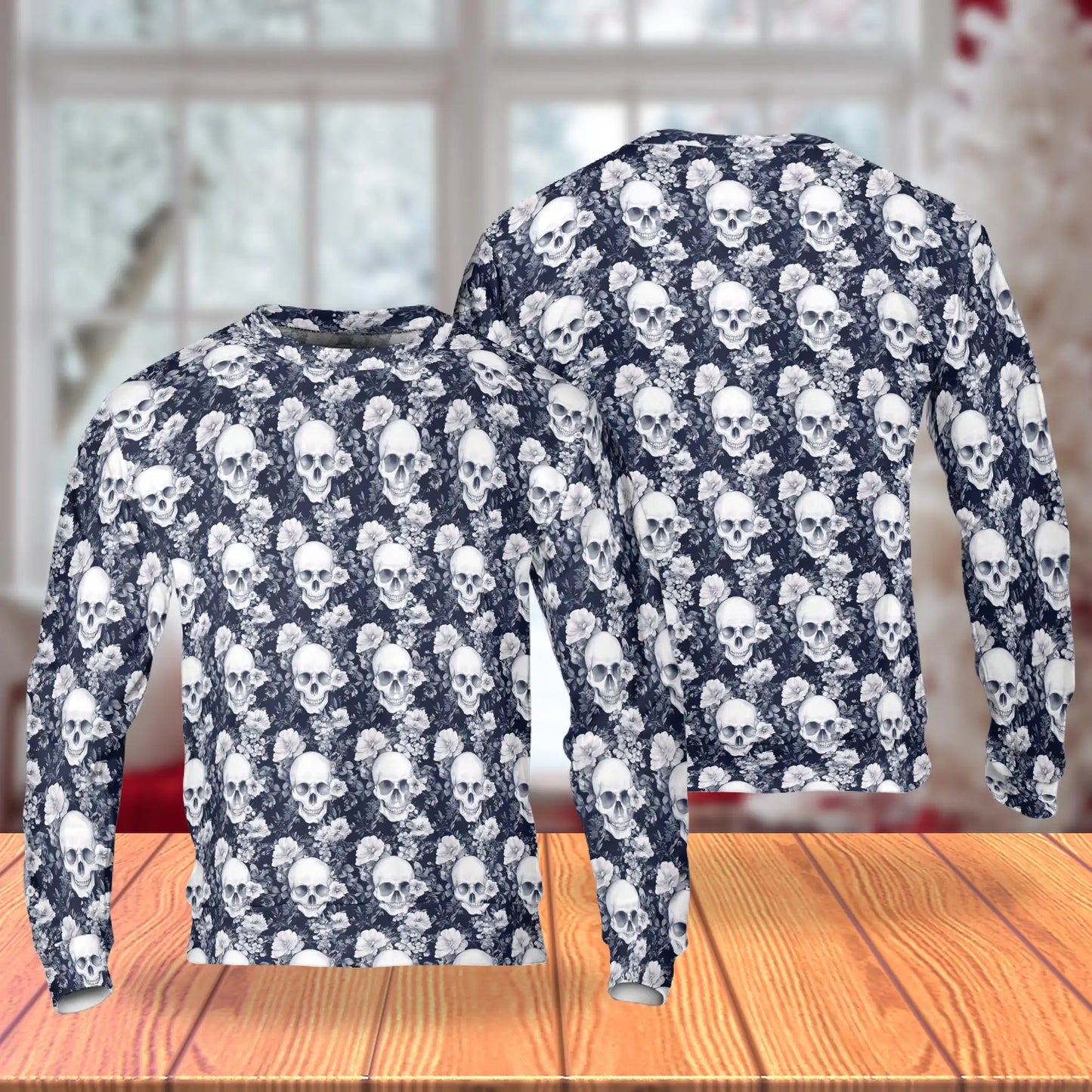 Skull Floral Pattern Sweatshirt, 3D All Over Print Gothic Flower Crewneck Pullover for Men Women, Skull Lover Gift - Netecom