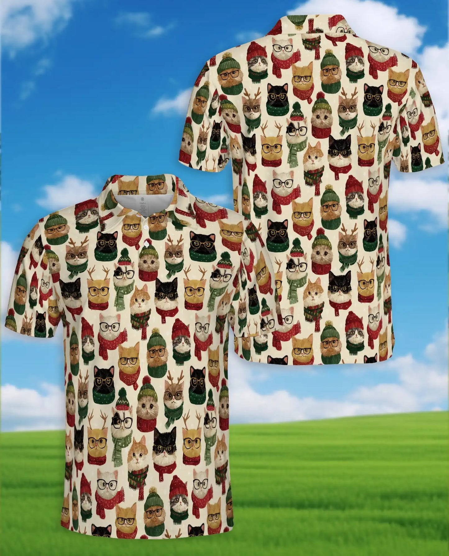 Christmas Cat Polo Shirt - Cozy Winter Kitty Style | Netecom