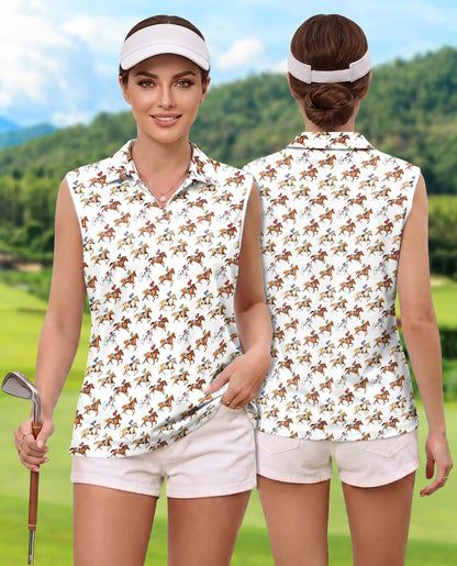 Horse Jockey Print Sleeveless Polo Shirt for Women – Equestrian Racing Style | Netecom