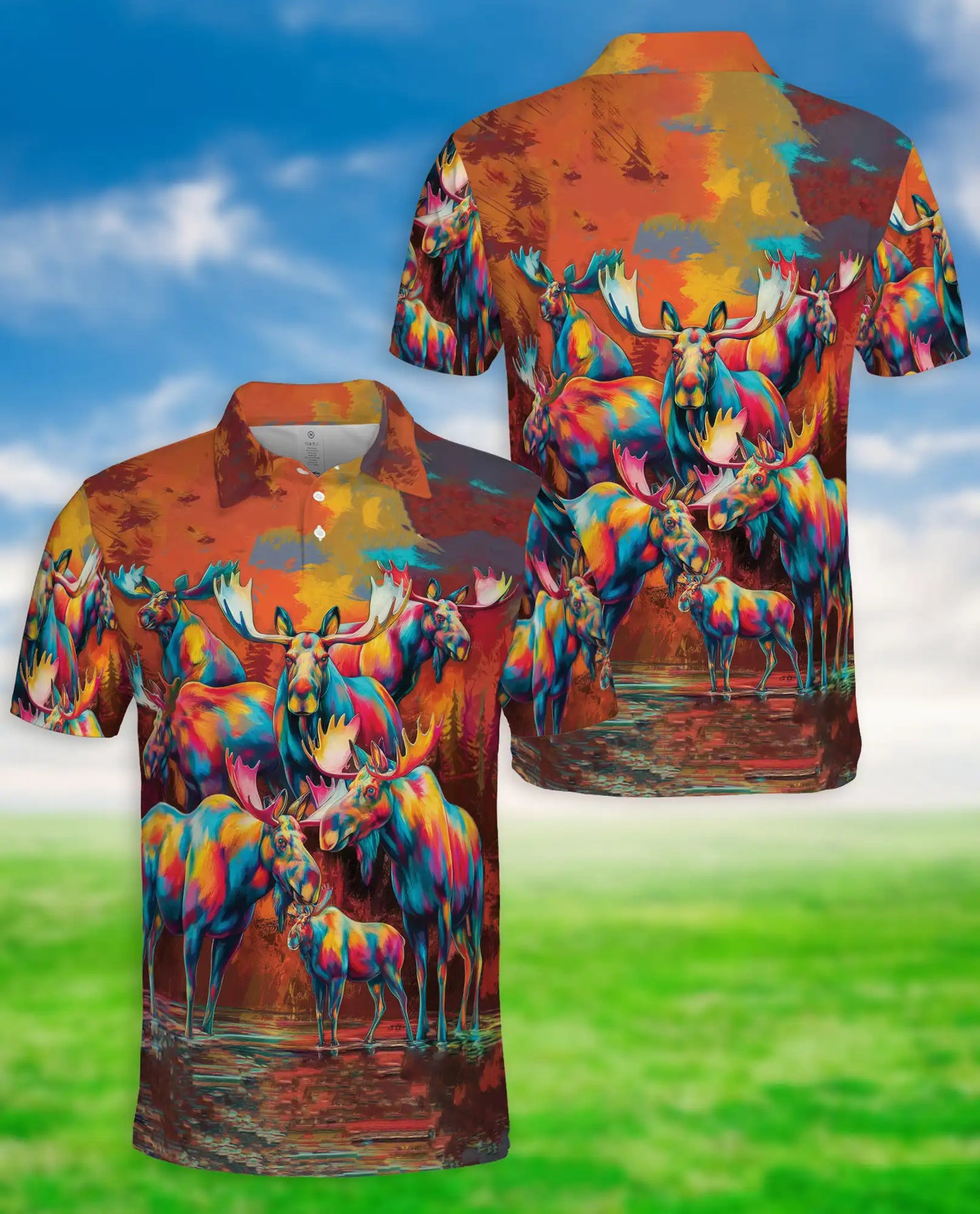 Colorful Moose Polo Shirt – Artistic Wildlife Style | Netecom