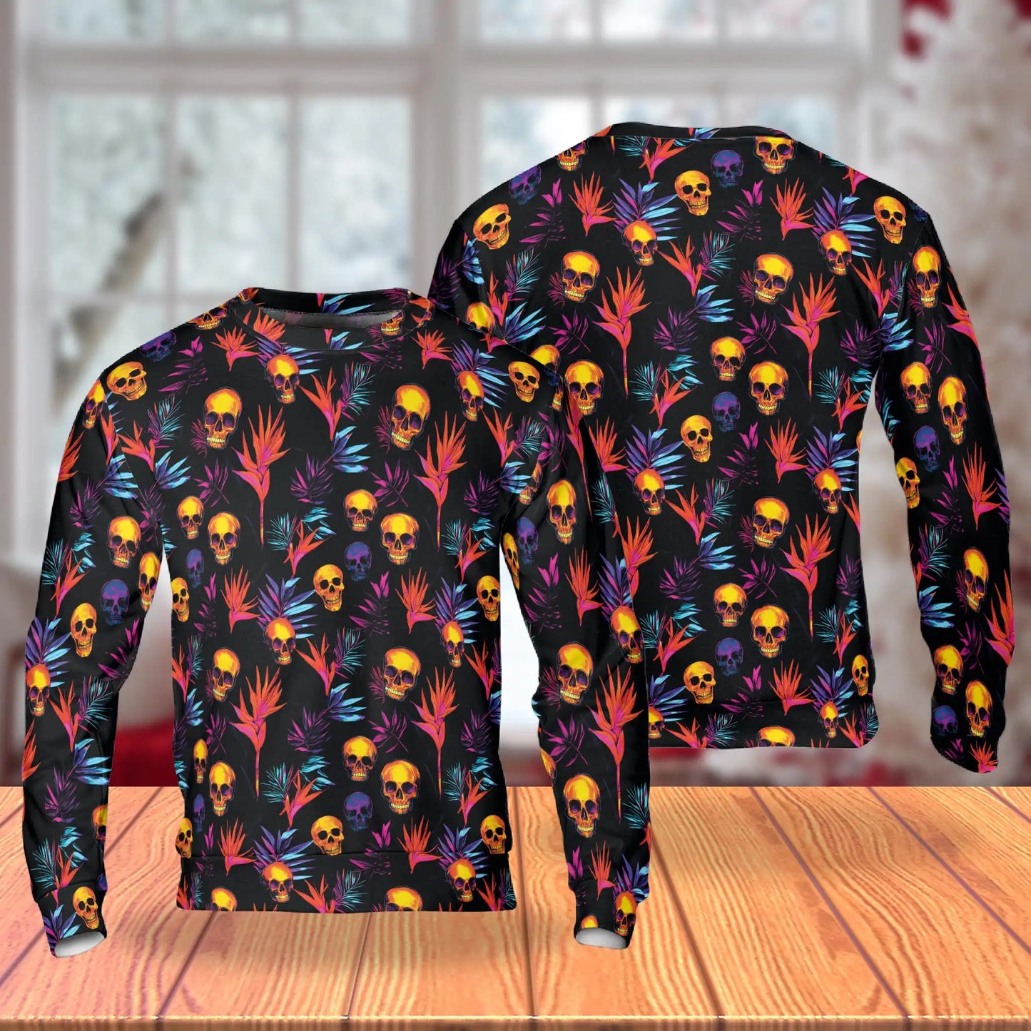Colorful Skull Sweatshirt, 3D All Over Print Spooky Halloween Crewneck Pullover for Men Women, Skull Lover Gift - Netecom