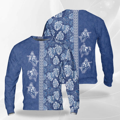 Bull Riding White Leaves Sweatshirt, 3D All Over Print Western Rodeo Crewneck Pullover for Men Women, Bull Rider Gift - Netecom