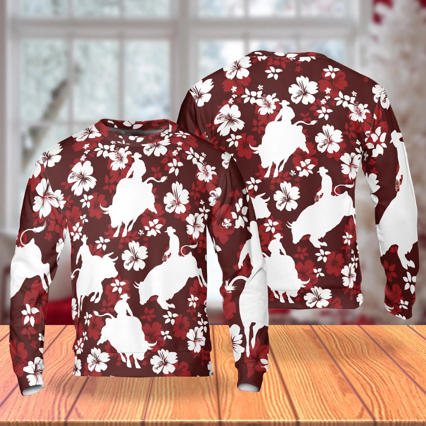 Tropical Bull Riding Sweatshirt, 3D All Over Print Western Rodeo Crewneck Pullover for Men Women, Bull Rider Gift - Netecom