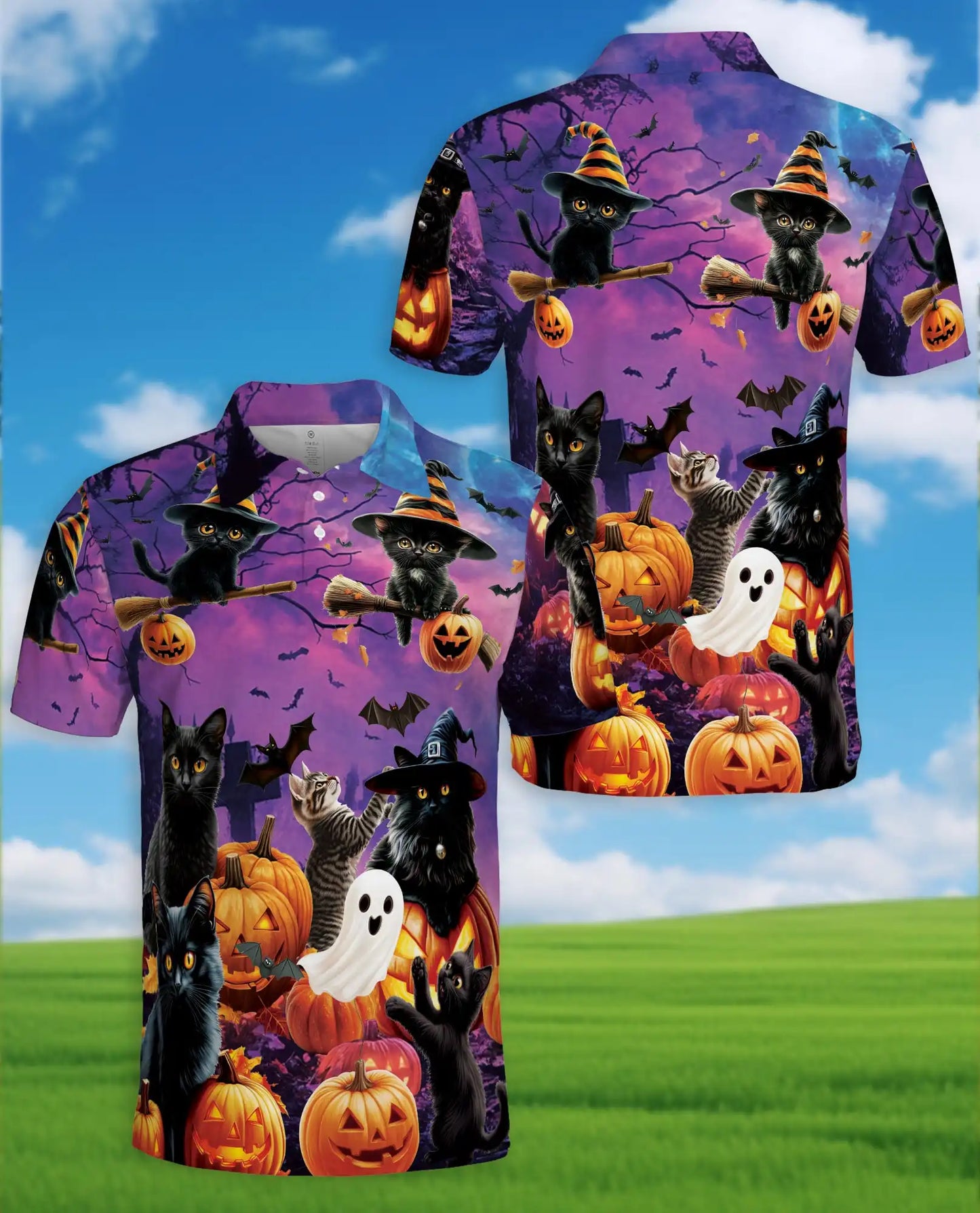 Halloween Black Cat Polo Shirt for Men – Spooky Cat Print | Netecom