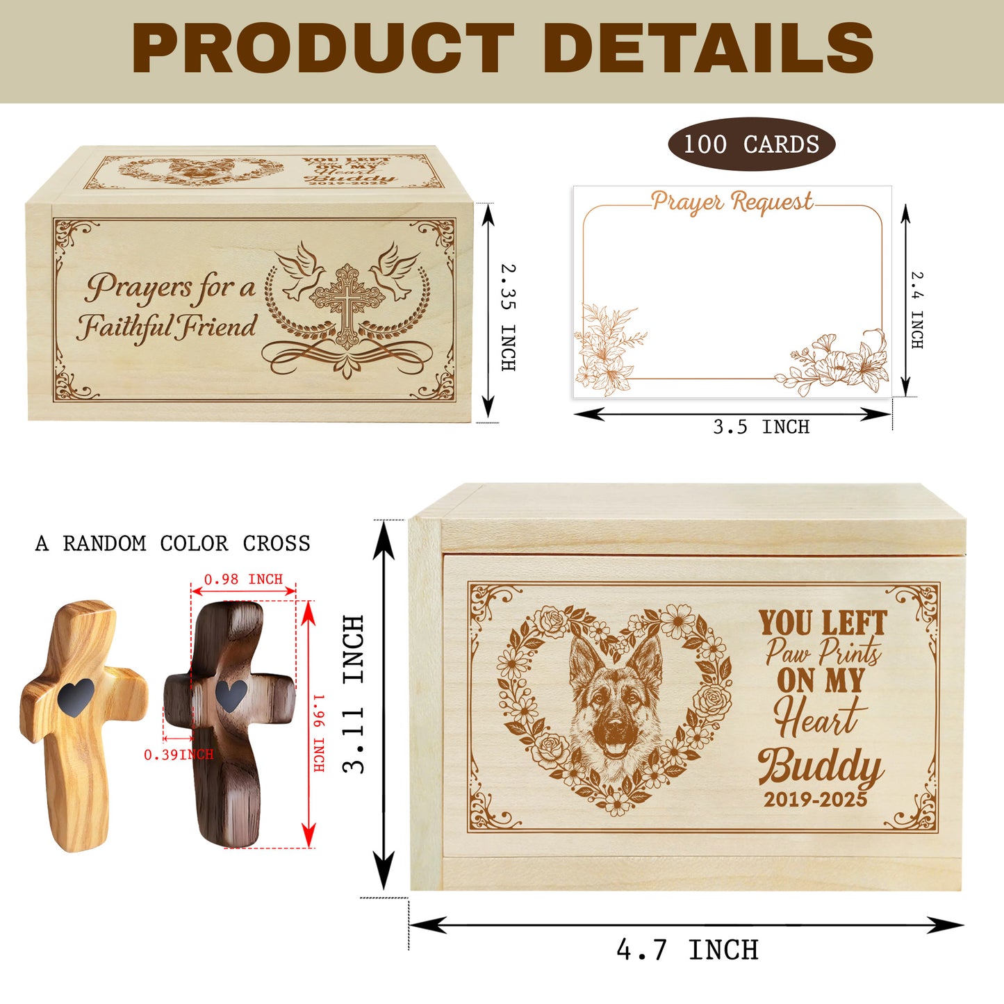Netecom Personalized Dog Memorial Prayer Box with Custom Name and Year, 100 Prayer Request Cards & Wooden Cross – Christian Remembrance Keepsake for Pet Loss