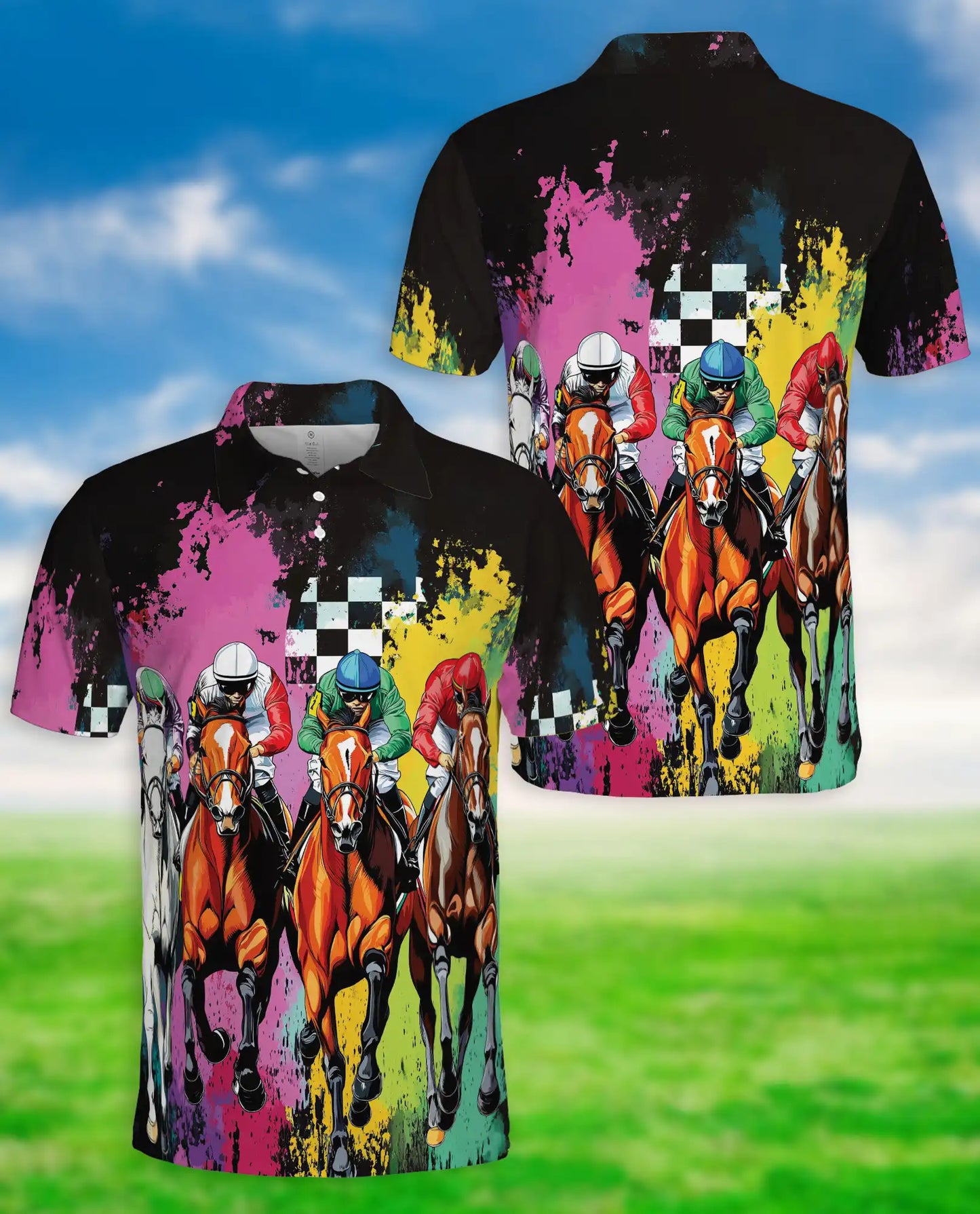 Color Splash Horse Racing 3D Polo Shirt for Men – Dynamic Jockey Derby Style | Netecom