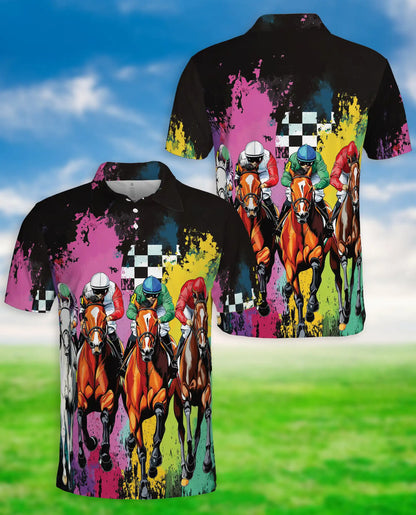 Color Splash Horse Racing 3D Polo Shirt for Men – Dynamic Jockey Derby Style | Netecom