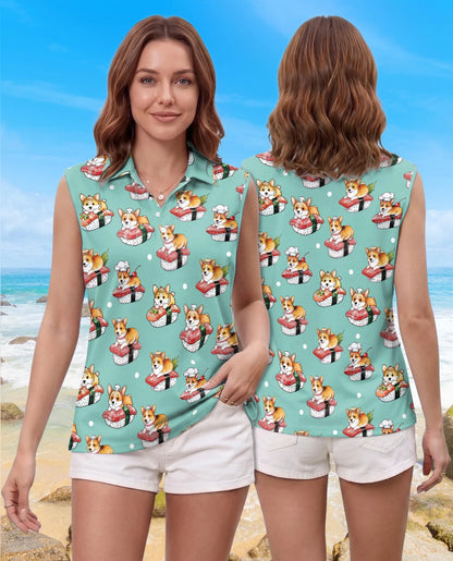 Sushi Corgi Sleeveless Polo Shirt for Women | Netecom