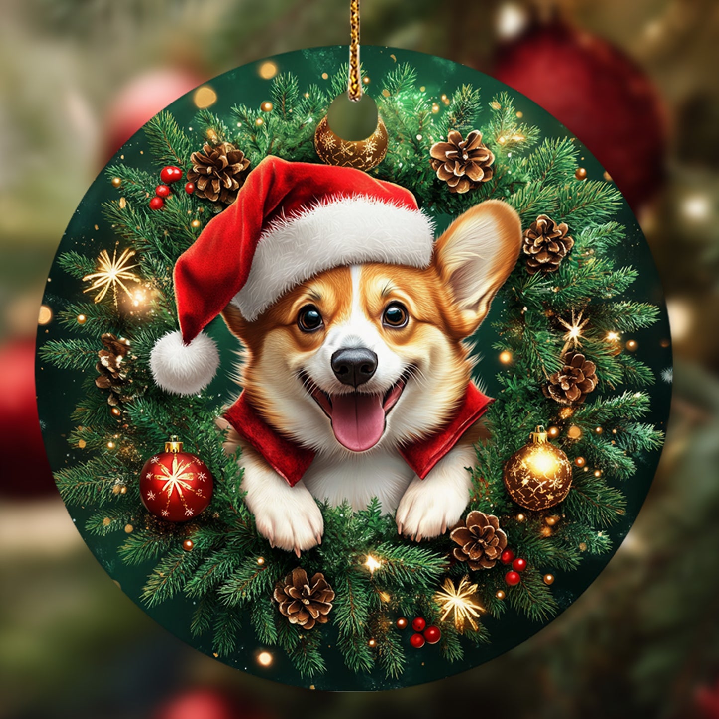 Netecom Cute Corgi Christmas Ornament, Dog Santa Hat Ceramic Ornament for Xmas Tree Hanging Decorations Gift, Puppy Lover Gifts, Home Decor, Holiday Party Present