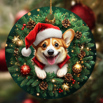 Netecom Cute Corgi Christmas Ornament, Dog Santa Hat Ceramic Ornament for Xmas Tree Hanging Decorations Gift, Puppy Lover Gifts, Home Decor, Holiday Party Present