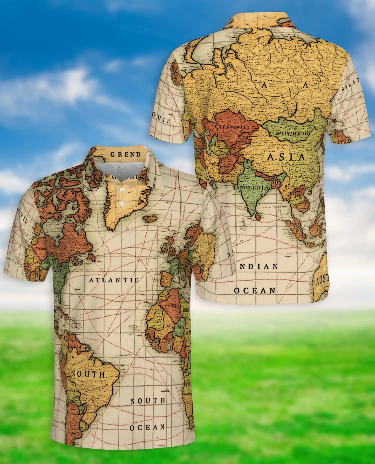 Vintage World Map Polo Shirt-Antique Nautical Atlas Print Travel Theme | Netecom
