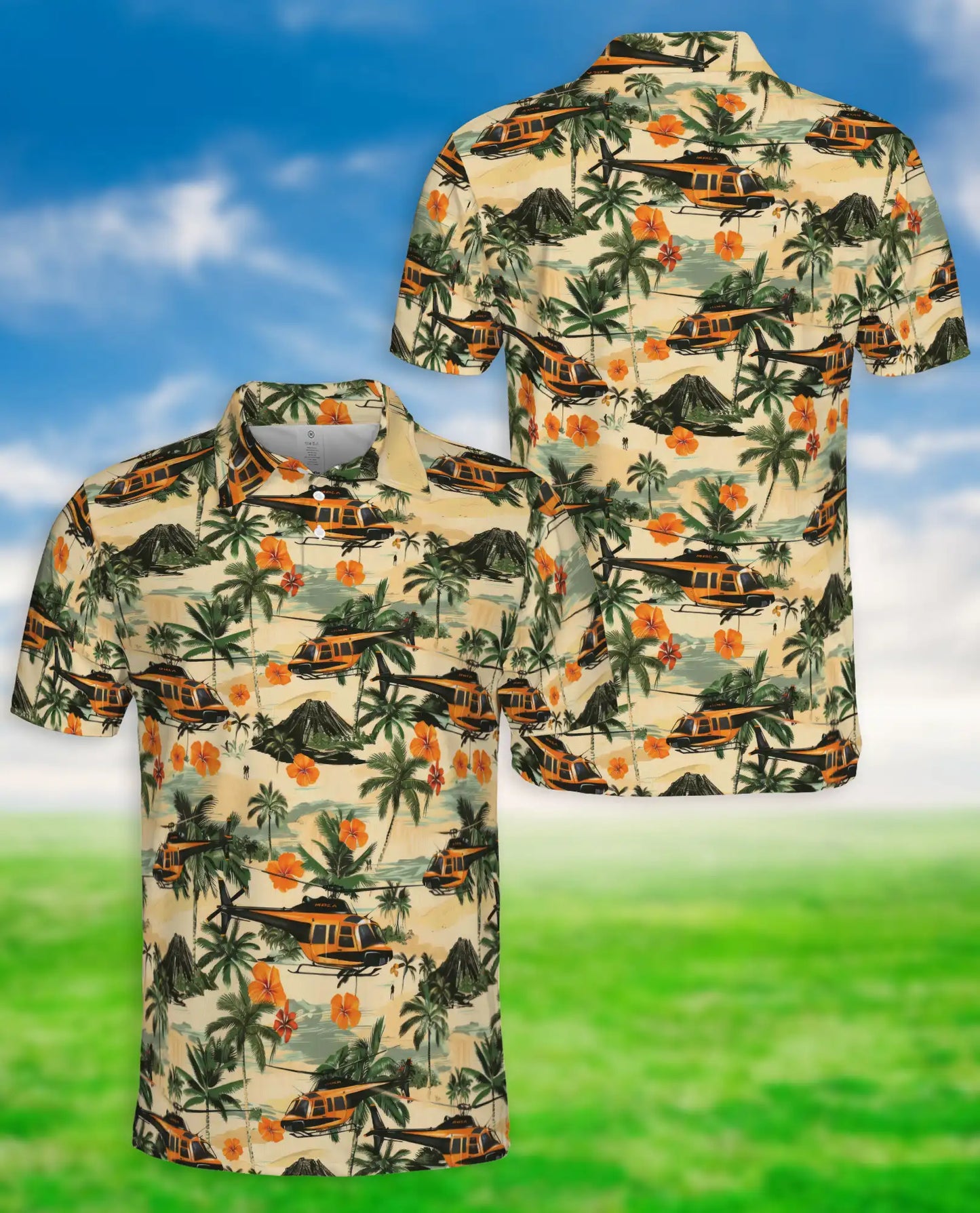 Tropical Helicopter Polo Shirt for Men- Print Palm Tree Volcano| Netecom
