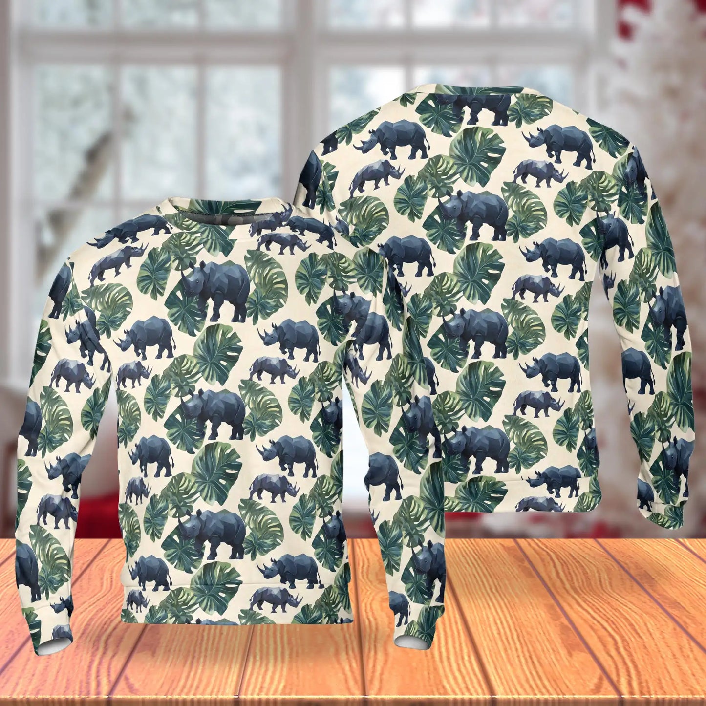 Rhino and Monstera Leaf Pattern Sweatshirt, 3D All Over Print Tropical Wildlife Crewneck Pullover for Men Women, Rhino Lover Gift - Netecom
