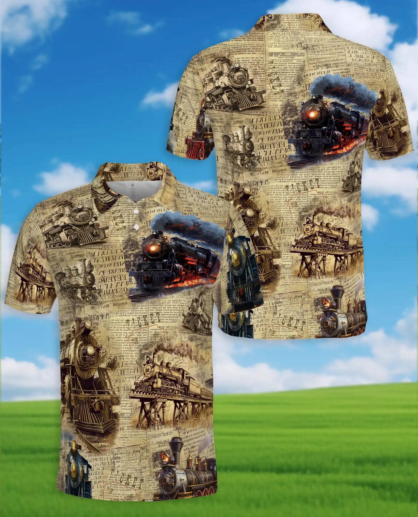 Vintage Train Polo Shirt for Men – Steam Locomotive Art | Netecom