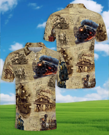 Vintage Train Polo Shirt for Men – Steam Locomotive Art | Netecom