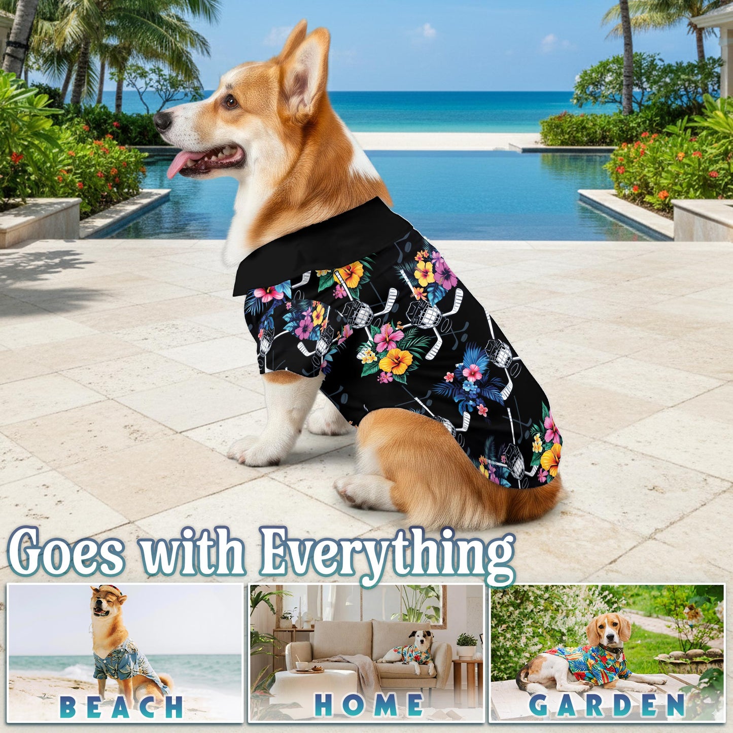 Netecom Matching Tropical Hockey Aloha Hawaiian Shirt for Dog and Owner, Aloha Summer Shirt, Sports Hockey Print Outfit for Pet and Human, Beach Vacation Casual Wear