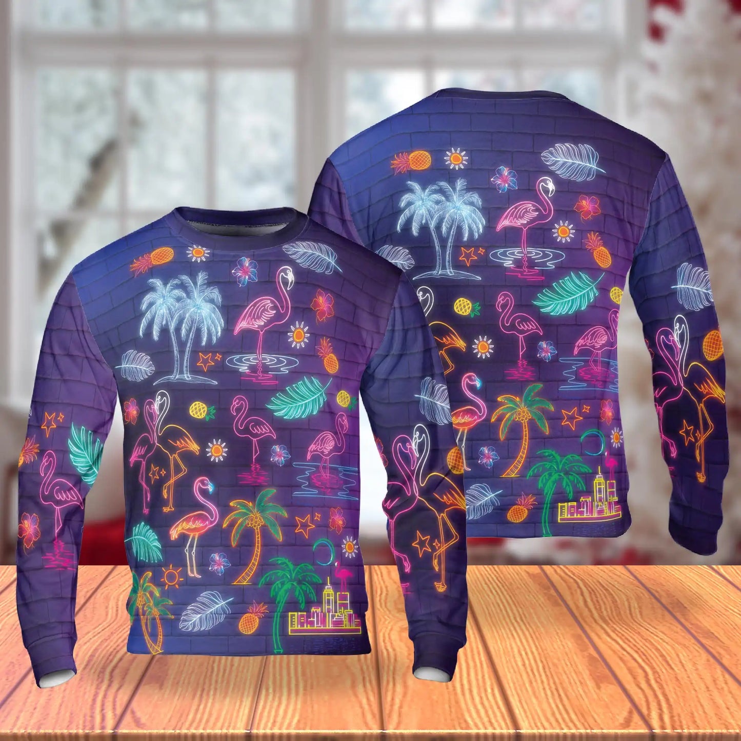 Neon Tropical Flamingo Sweatshirt, 3D All Over Print Colorful Flamingo Crewneck Pullover for Men Women, Tropical Lover Gift - Netecom