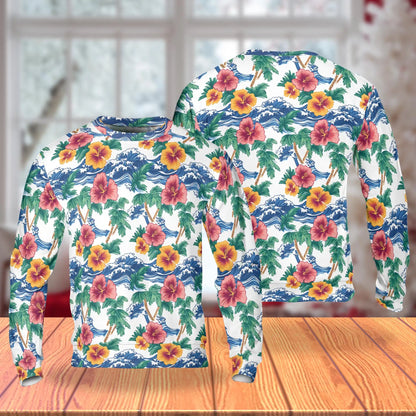 Palm Tree Floral Beach Sweatshirt, 3D All Over Print Tropical Flower Crewneck Pullover for Men Women, Beach Lover Gift - Netecom