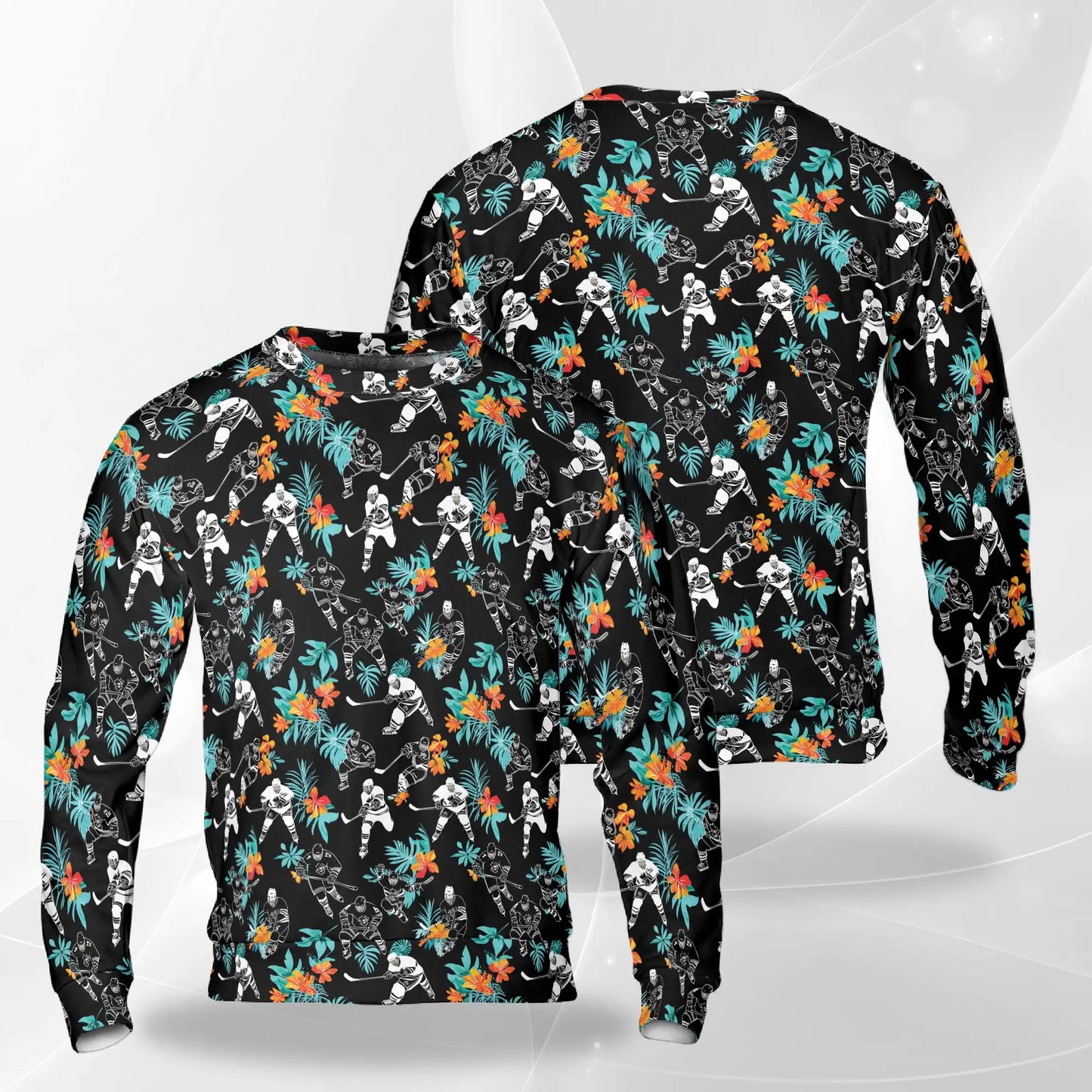 Hockey Player Sweatshirt, 3D All Over Print Black Tropical Hockey Crewneck Pullover for Men Women, Hockey Lover Gift - Netecom