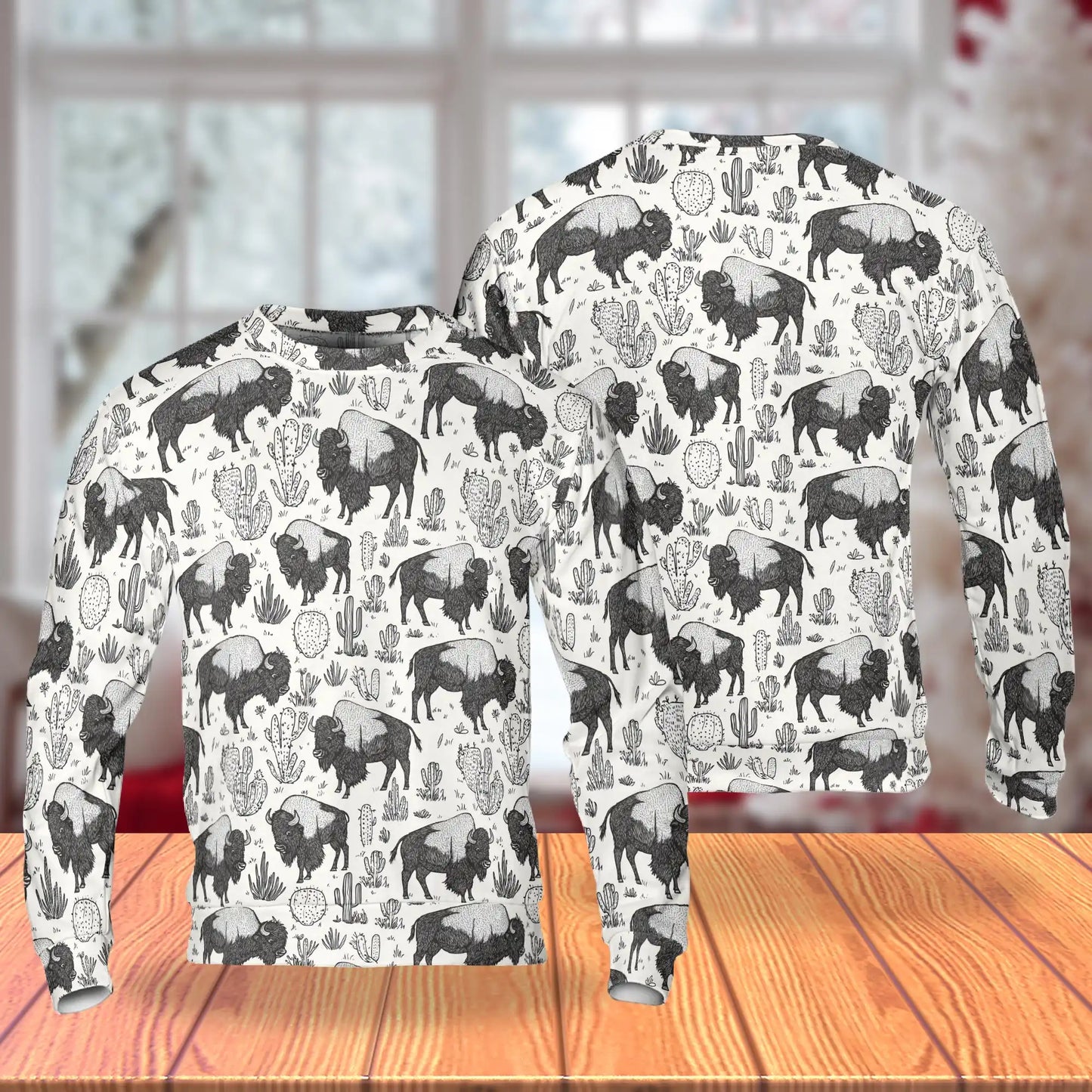 Bison Pattern Sweatshirt, 3D All Over Print American Buffalo Wildlife Crewneck Pullover for Men Women, Bison Lover Gift - Netecom