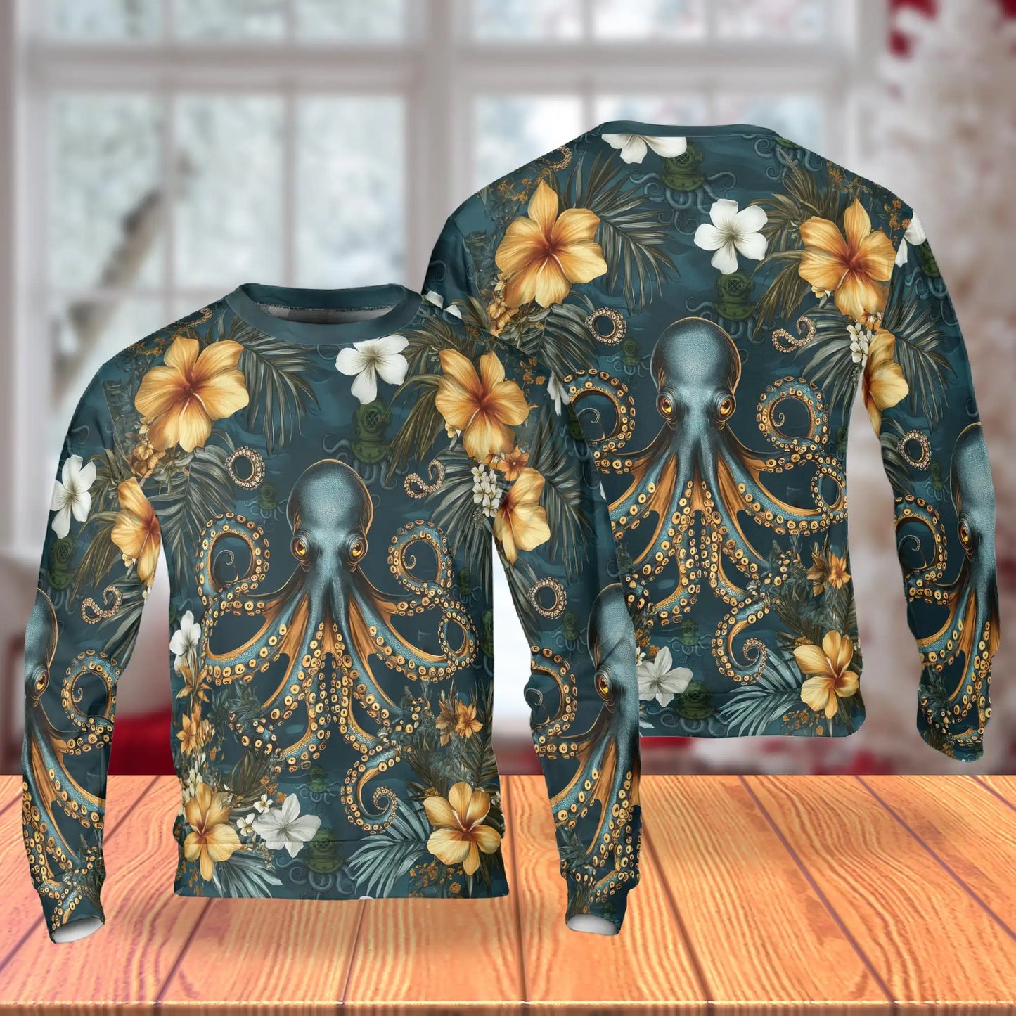 Tropical Floral Octopus Sweatshirt, 3D All Over Print Ocean Flower Crewneck Pullover for Men Women, Octopus Lover Gift - Netecom