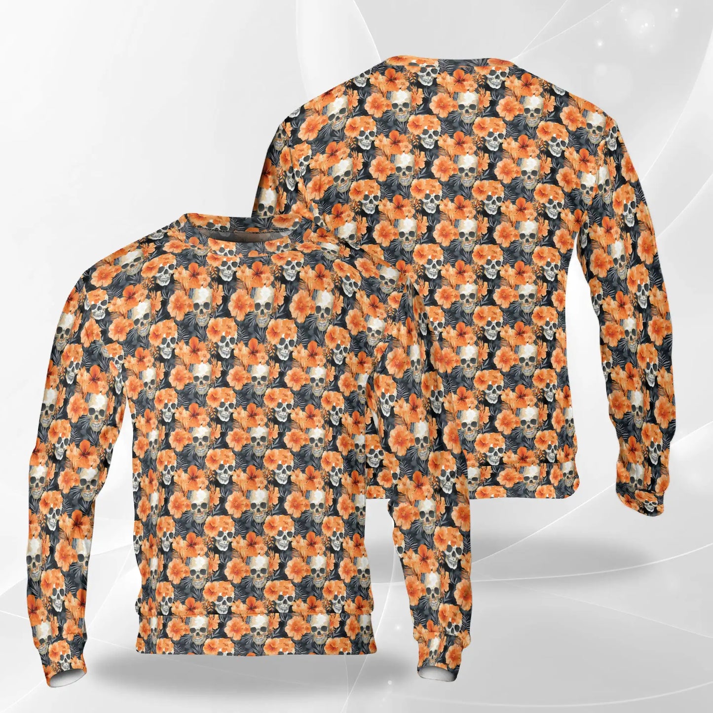 Orange Skull Sweatshirt, 3D All Over Print Halloween Gothic Crewneck Pullover for Men Women, Skull Lover Gift - Netecom