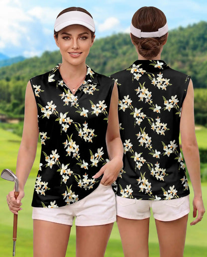 White Orchid Print Sleeveless Polo Shirt for Women – Elegant Floral Style | Netecom