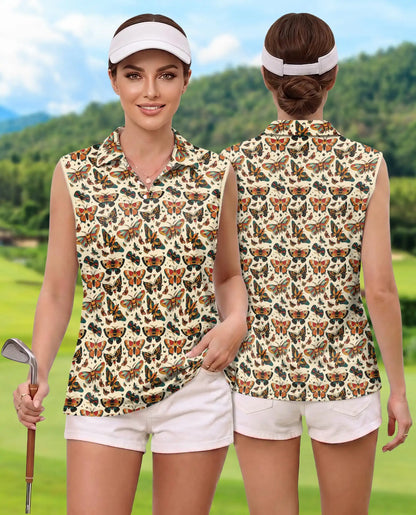 Antique Butterfly Chart Pattern Sleeveless Polo Shirt for Women | Netecom