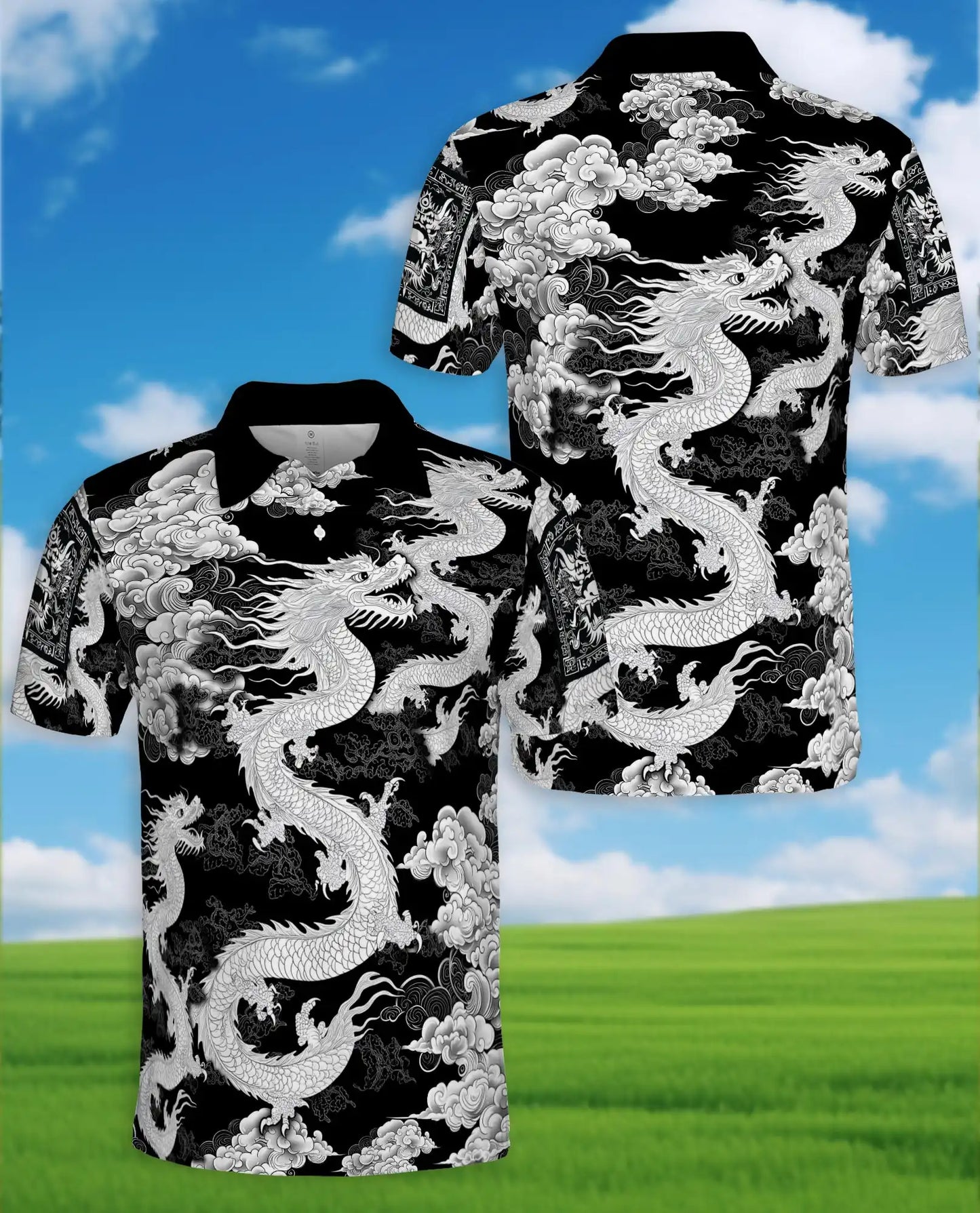White Asian Dragon Polo Shirt for Men - Black Oriental Dragon Art | Netecom
