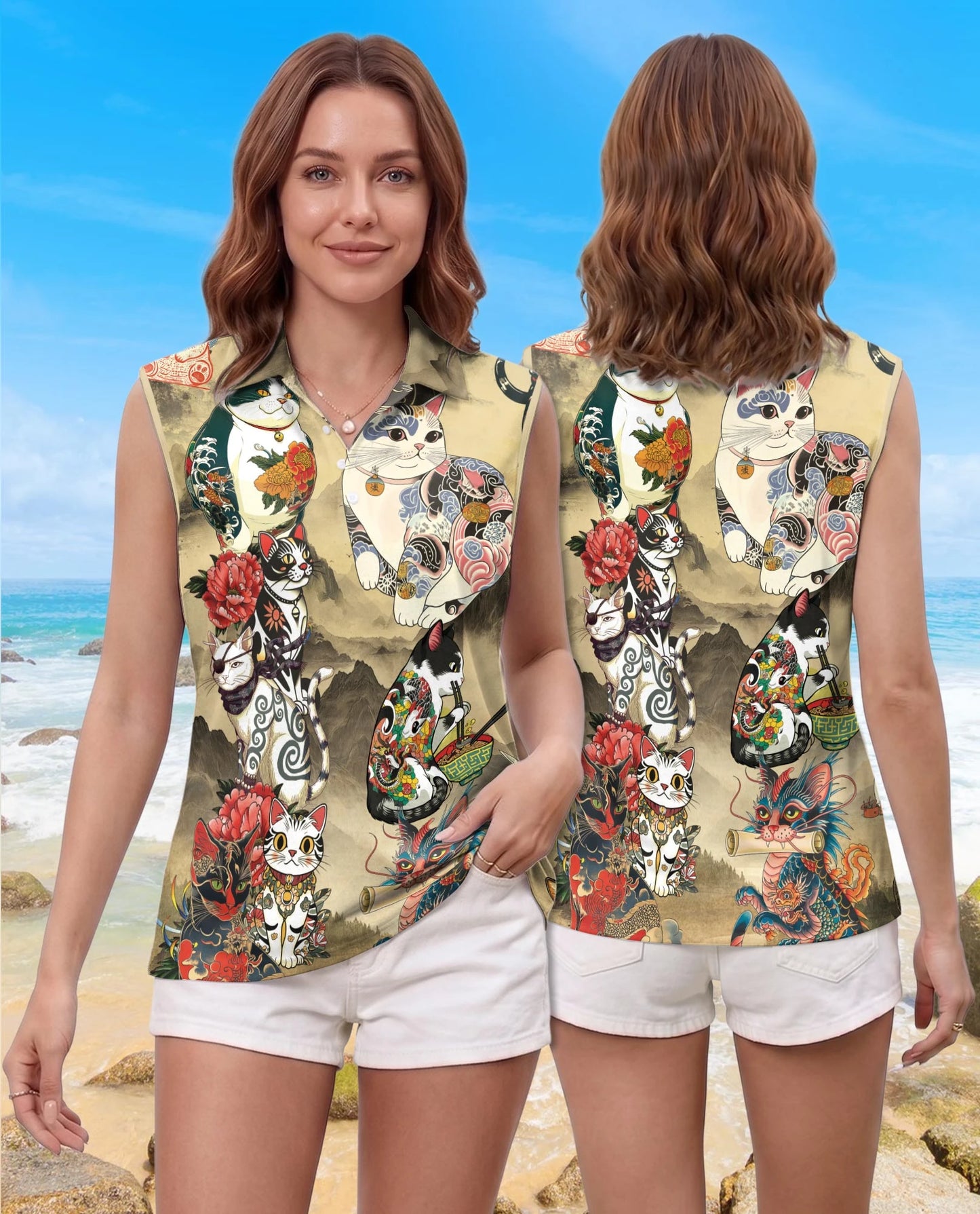 Japanese Cat Tattoo Sleeveless Polo Shirt for Women | Netecom