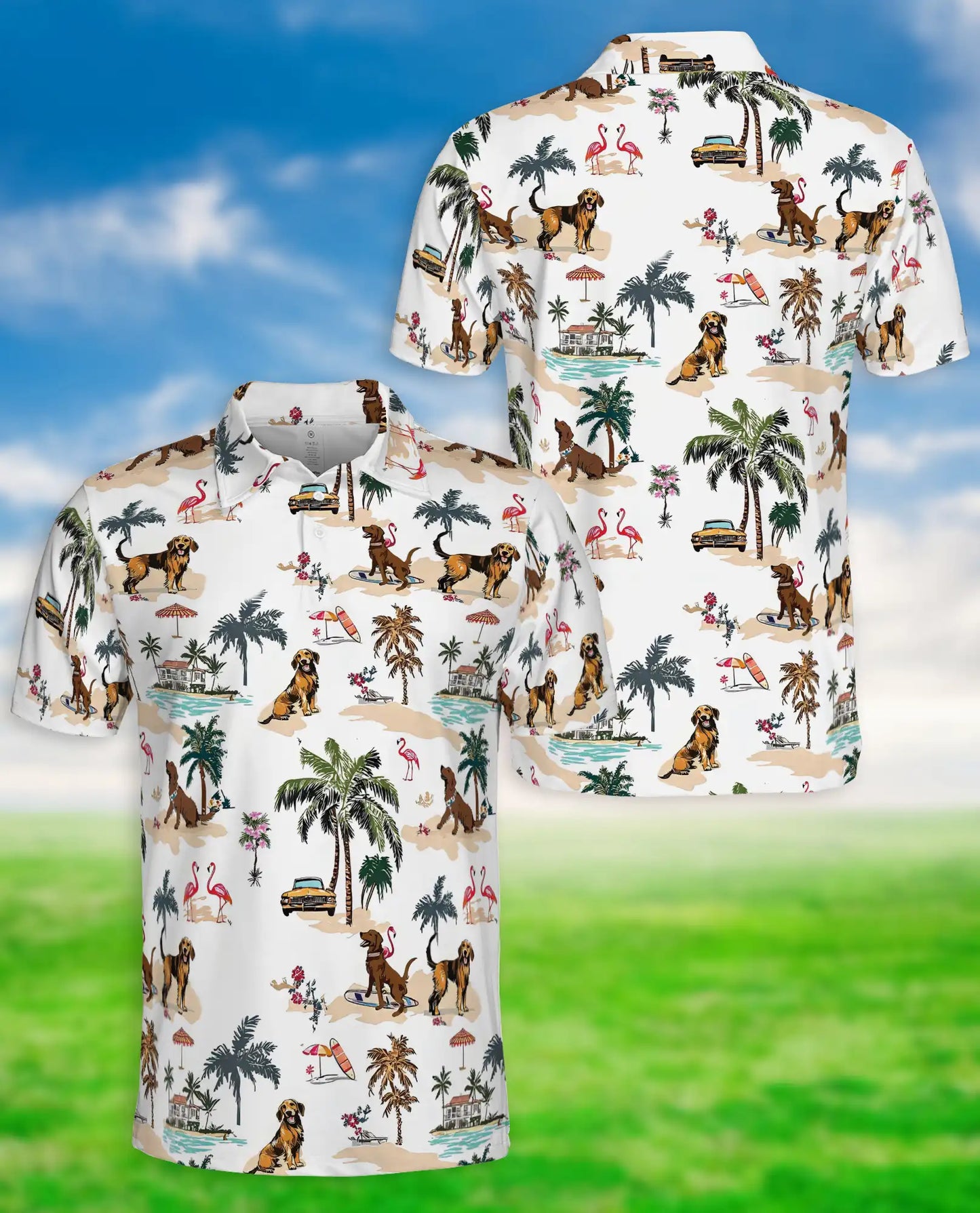 Golden Retriever Beach Polo Shirt – Tropical Island Print | Netecom