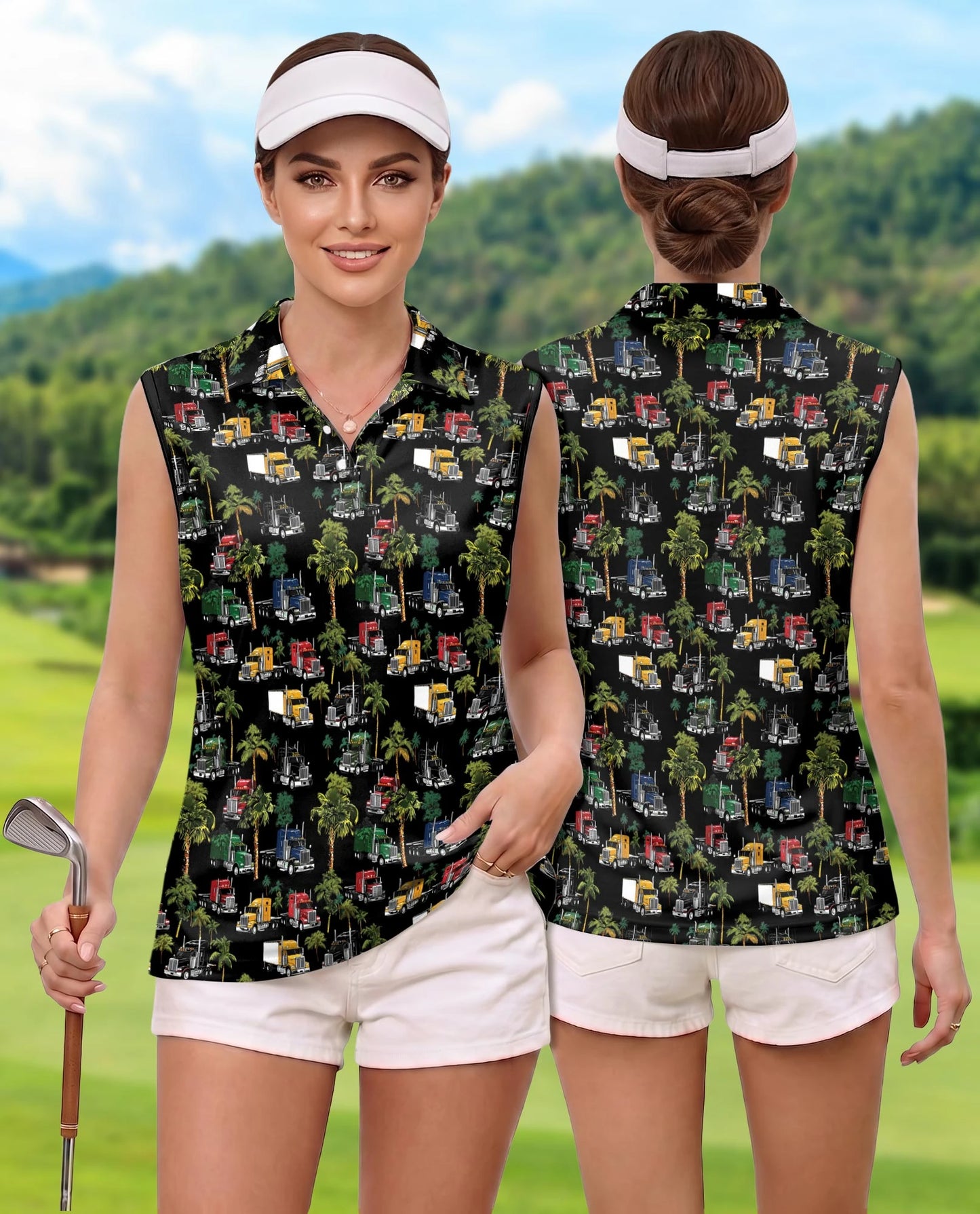 Semi Truck and Palm Tree Print Sleeveless Polo Shirt for Women | Netecom