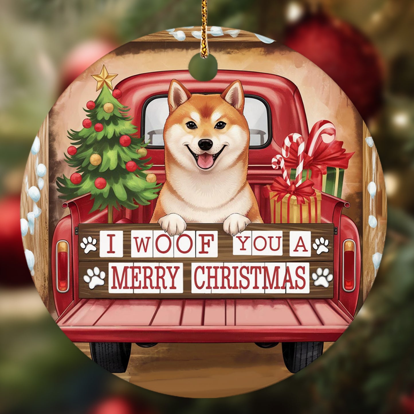 Netecom Cute Shiba Inu in Holiday Truck Ornament, I Woof You a Merry Christmas Ceramic Ornament for Christmas Tree Hanging Decorations Gift, Dog Lover Gifts, Holiday Decor Present