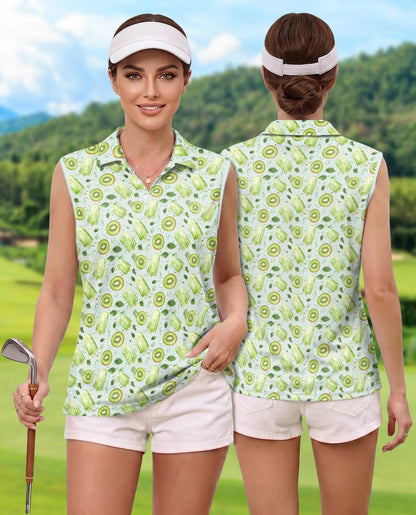 Kiwi Ice Cream Sleeveless Polo Shirt for Women – Cute Fruit Summer Style | Netecom