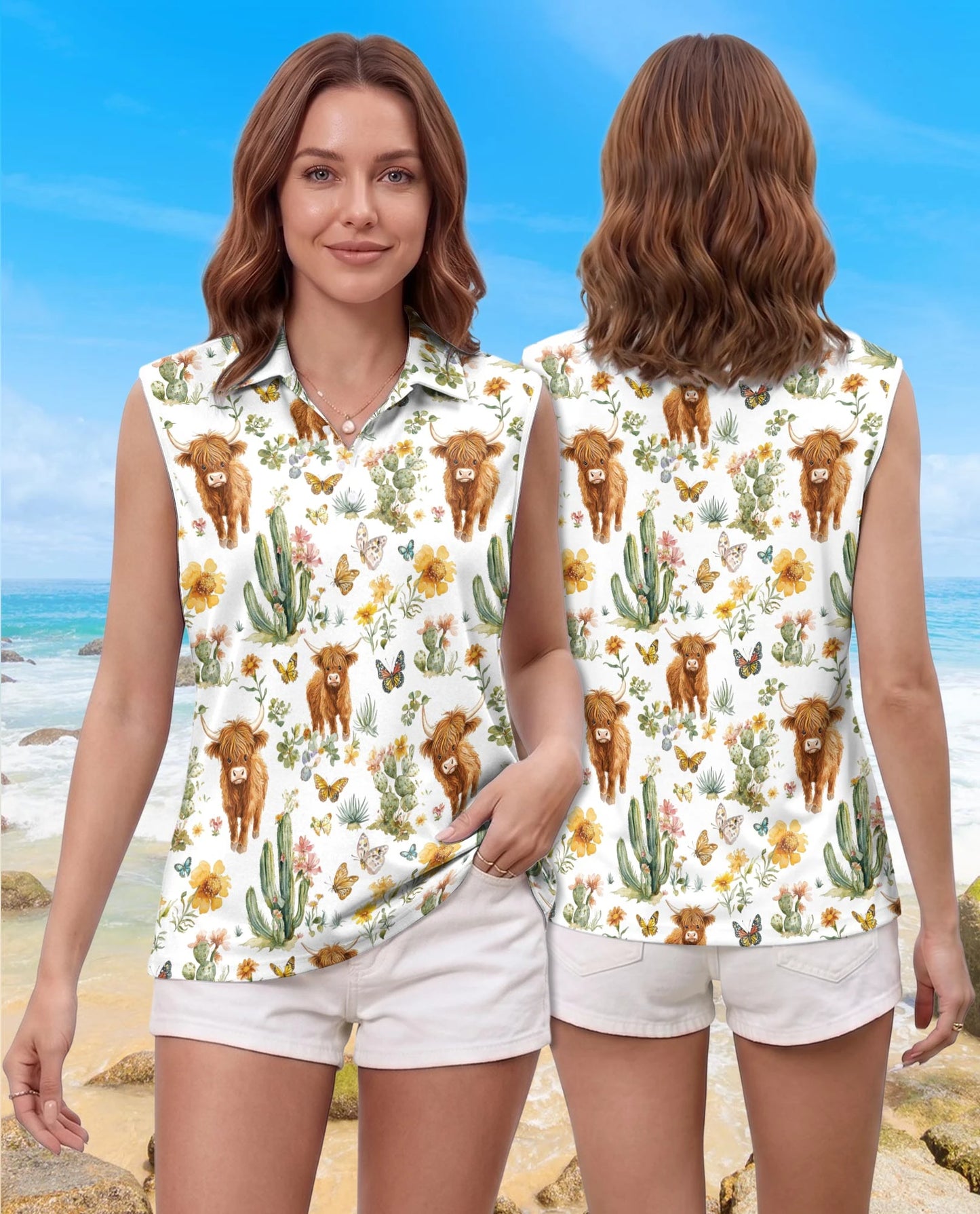 Cute Highland Cattle Sleeveless Polo Shirt for Women | Netecom