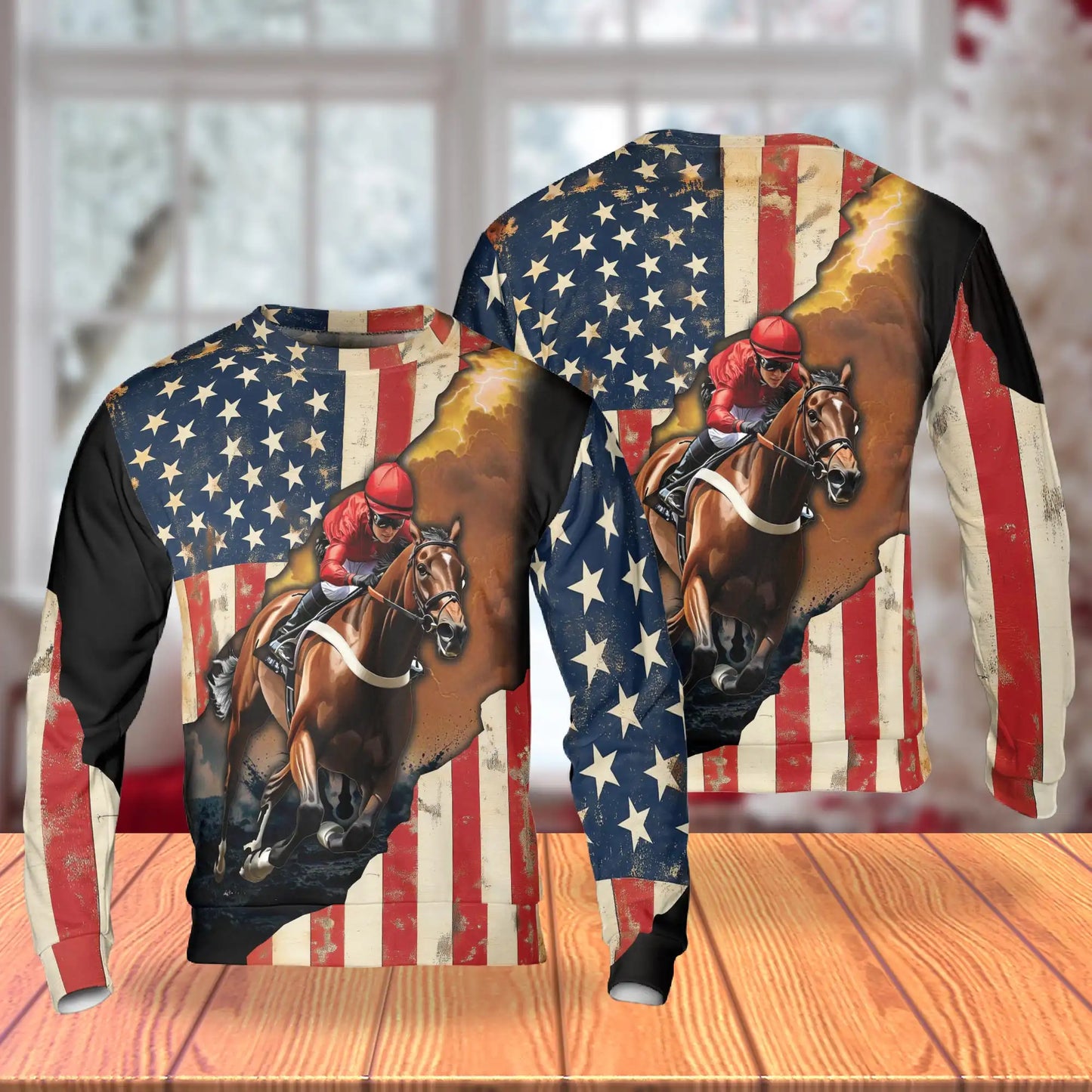 Brown Vintage American Flag Horse Racing Sweatshirt, 3D All Over Print Retro Patriotic Equestrian Crewneck Pullover for Men Women, Horse Racing Lover Gift - Netecom