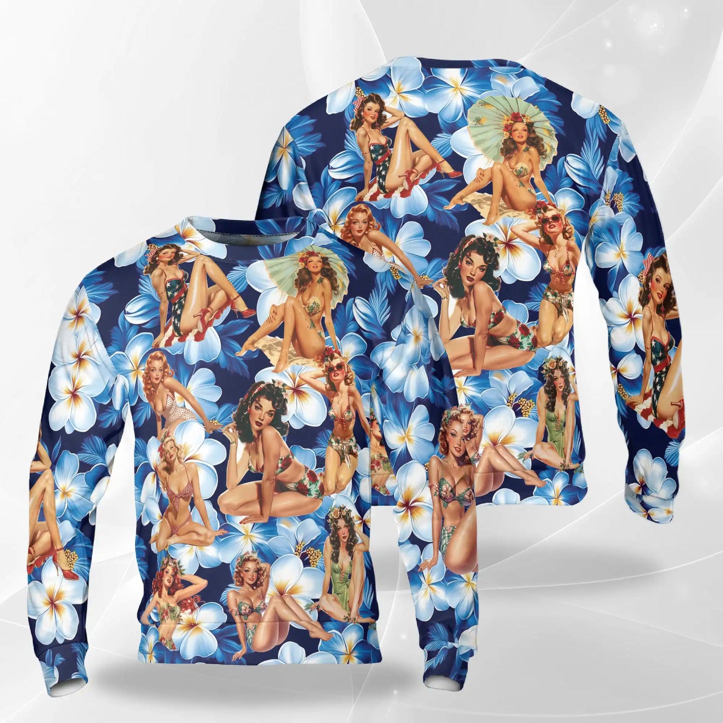 Retro Pinup Girl Floral Sweatshirt, 3D All Over Print Vintage Flower Crewneck Pullover for Men Women, Pinup Art Lover Gift - Netecom